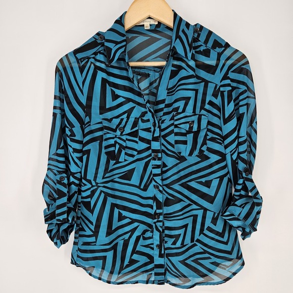 Timing Tops - Timing Button Down Women S Blue Geometric Sheer Roll Tab Sleeve Blouse Shirt